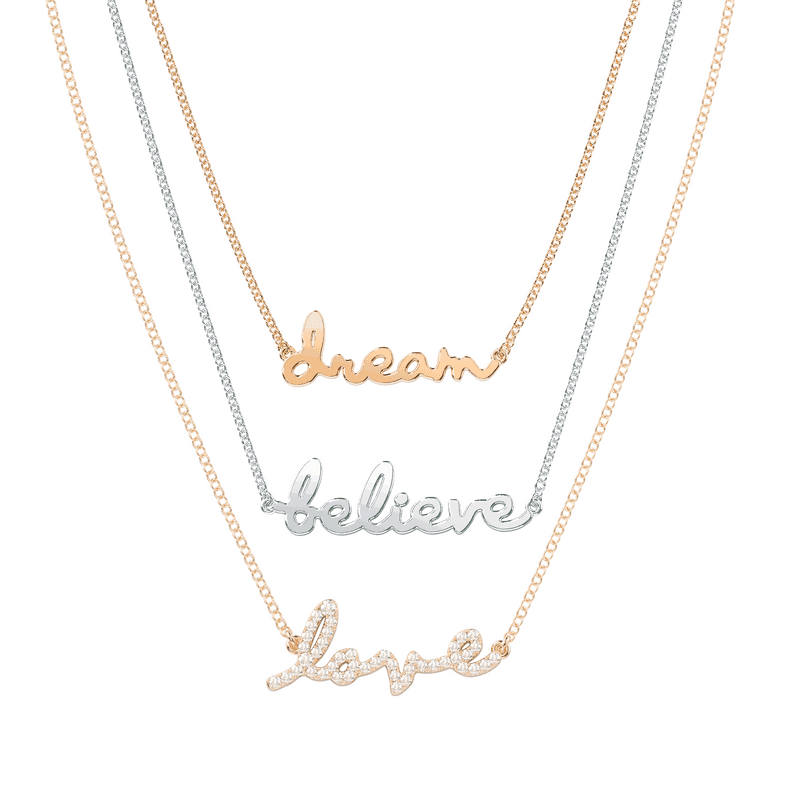the Tiary Wishes collection - 3 necklaces, with the text 'dream', 'believe', and 'love'